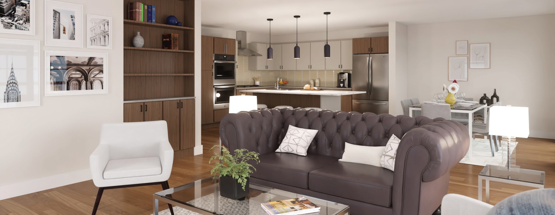 a living room with a couch, chairs, and coffee table