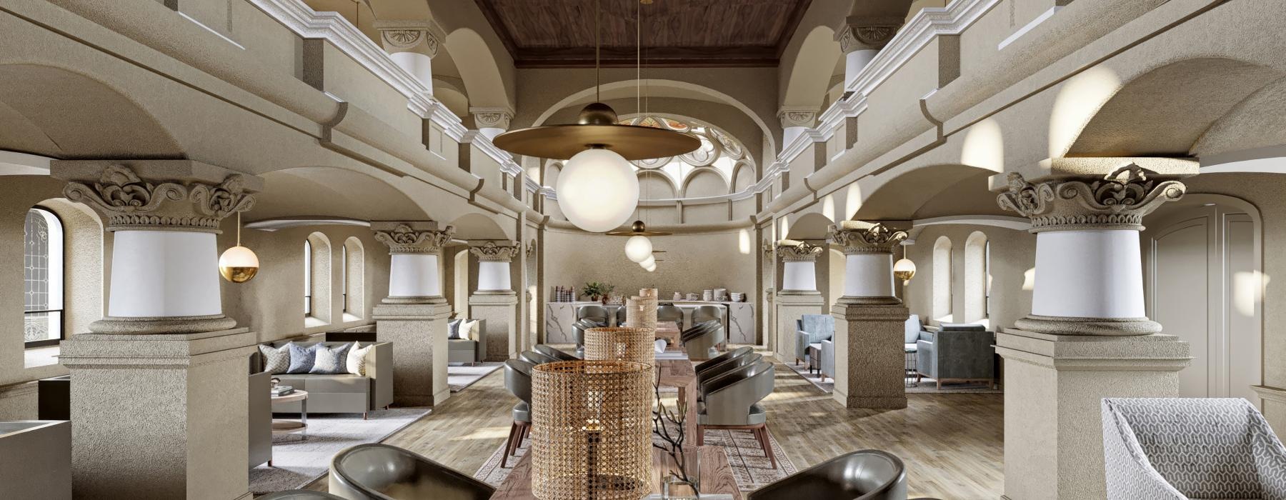a large room with a table and chairs